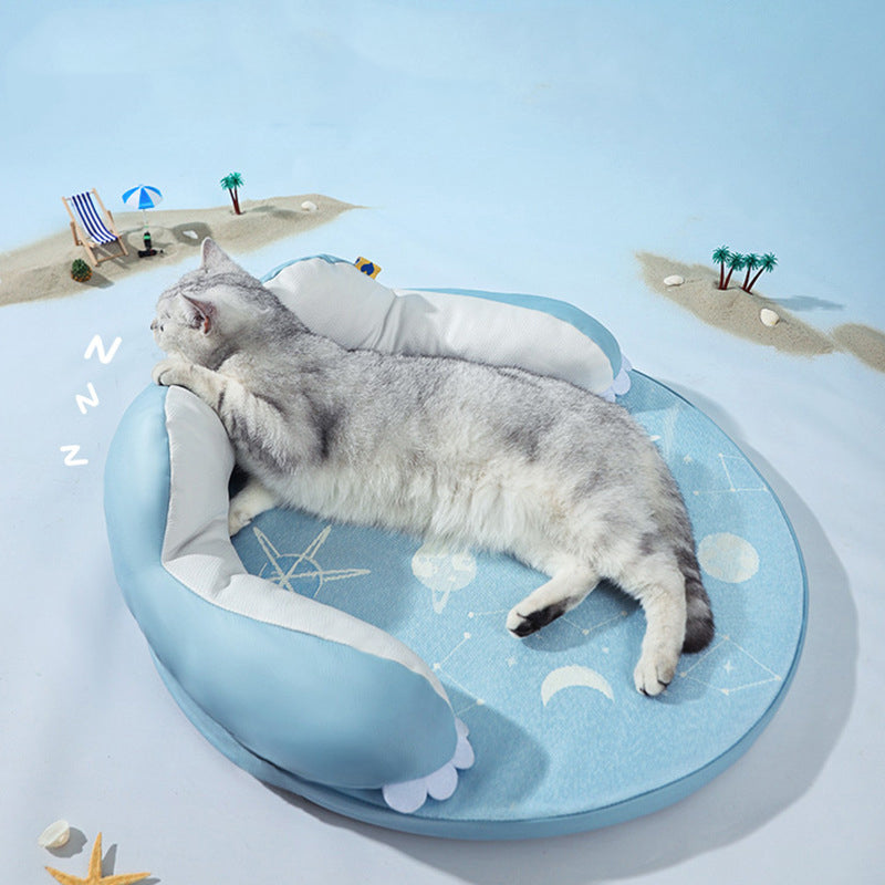 Cat lying comfortably on a starry-design cooling pet bed, showing its breathable fabric and support.