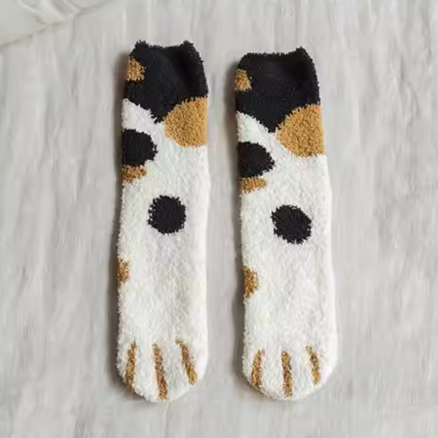 Plush Coral Fleece Cozy Socks | Thick Cute Cat Paw Long Home Socks