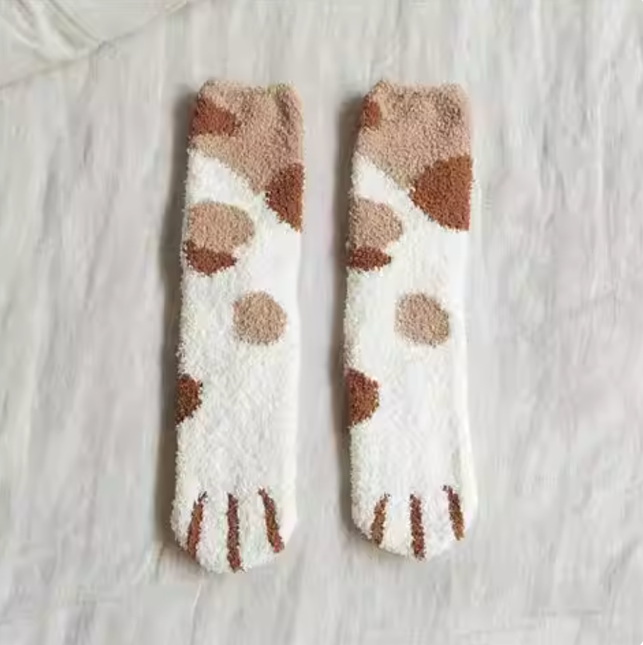Plush Coral Fleece Cozy Socks | Thick Cute Cat Paw Long Home Socks