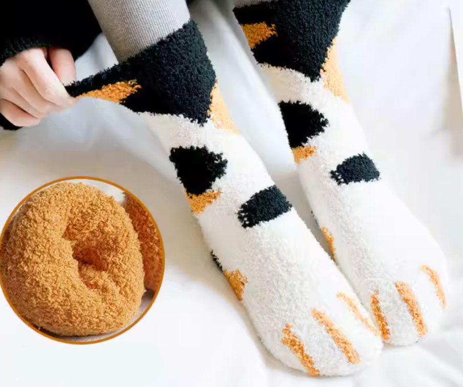 Plush Coral Fleece Cozy Socks | Thick Cute Cat Paw Long Home Socks