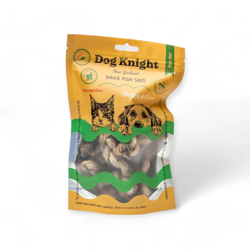 Air-dried New Zealand ling fish skin twists – all-natural dog treats rich in Omega-3 for joint and coat health.