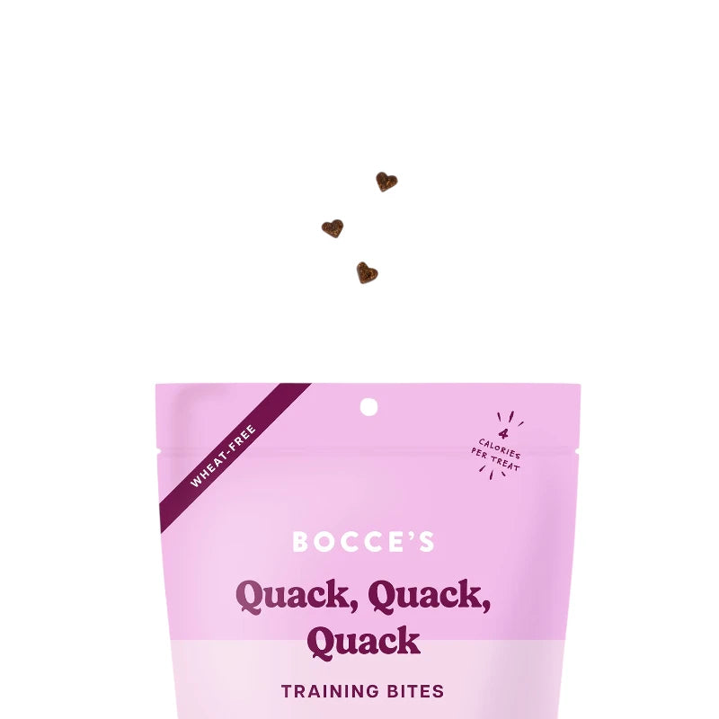 Back of Bocce's Quack, Quack, Quack Training Bites packaging with ingredient list and nutritional details.