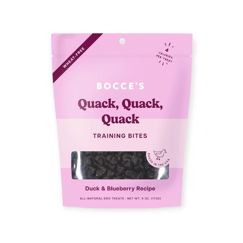 Bocce's Quack, Quack, Quack Training Bites 6oz – Duck-flavoured training treats for dogs.