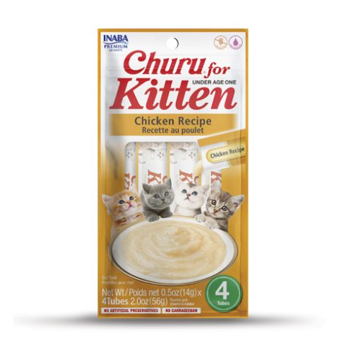 "Inaba Churu for Kitten Chicken Recipe 4-pack packaging front view."