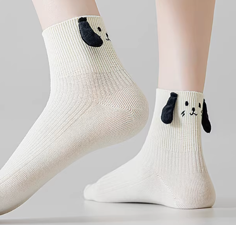 Cute Dog Mid-Calf Socks for Women | Soft Cotton, Dog Ears & Panda Design, Anti-Pilling