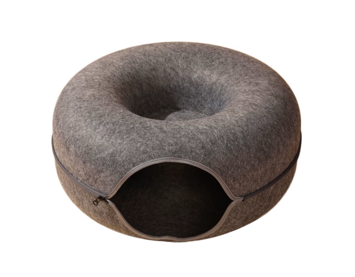 2-in-1 Felt Donut Cat Bed & Tunnel – Washable Cat Cave