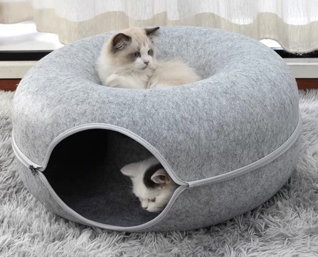 2-in-1 Felt Donut Cat Bed & Tunnel – Washable Cat Cave