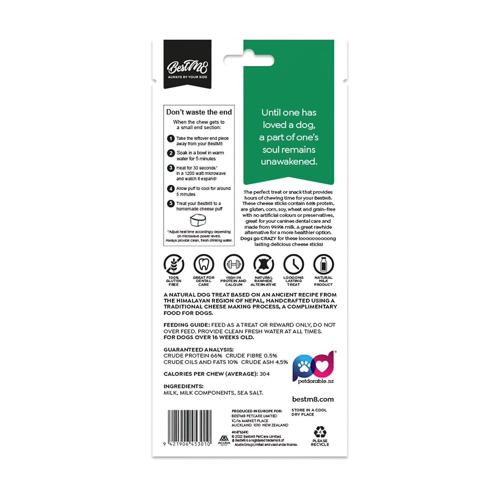 Nutritional benefits of BestM8 Himalayan K9Chew, including high protein and calcium.