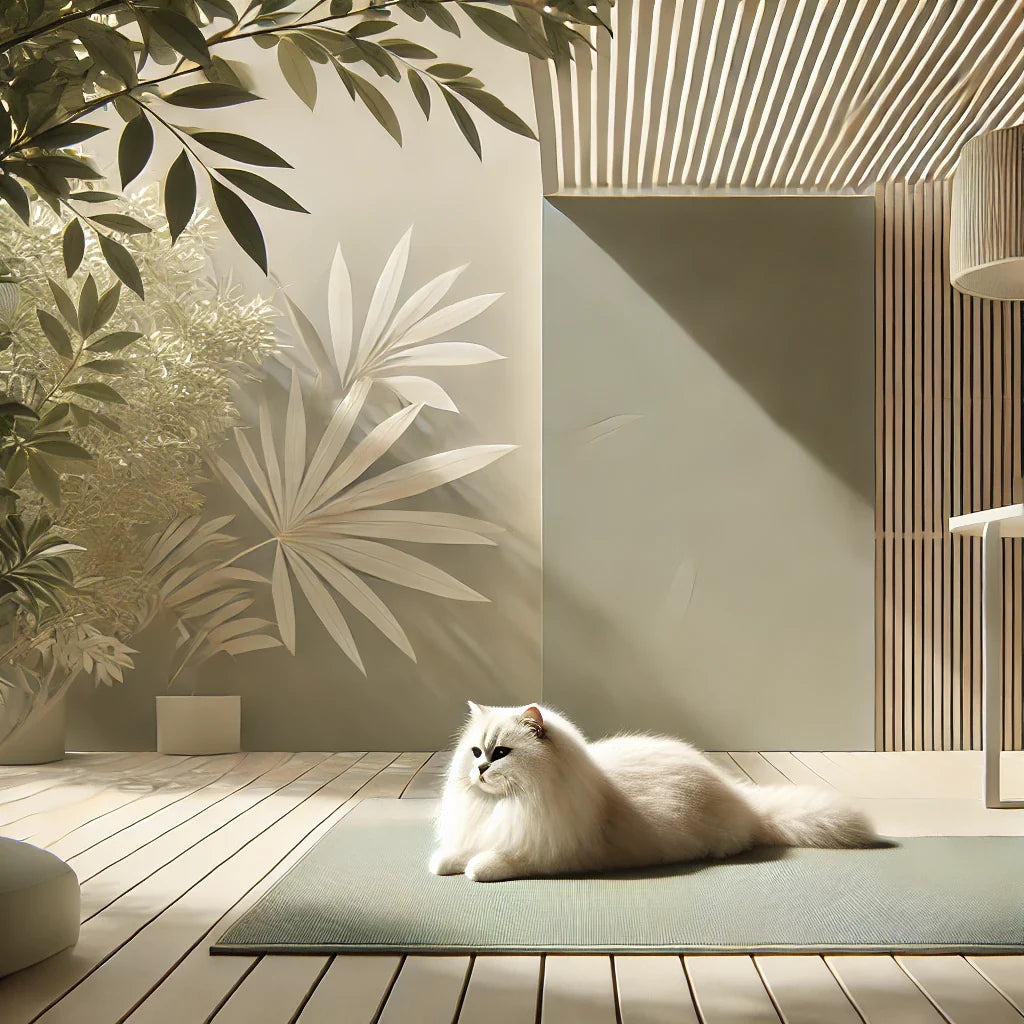 Minimalist summer-themed image of a fluffy cat resting on a cooling mat under the shade of a modern patio, with sunlight filtering through leaves and calming tones of beige, green, and white.