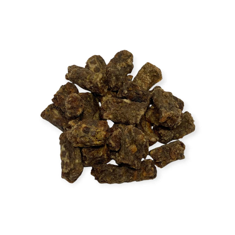 "Bite-sized pieces of Woof Venison Air-Dried Dog Food, nutrient-packed and air-dried."
