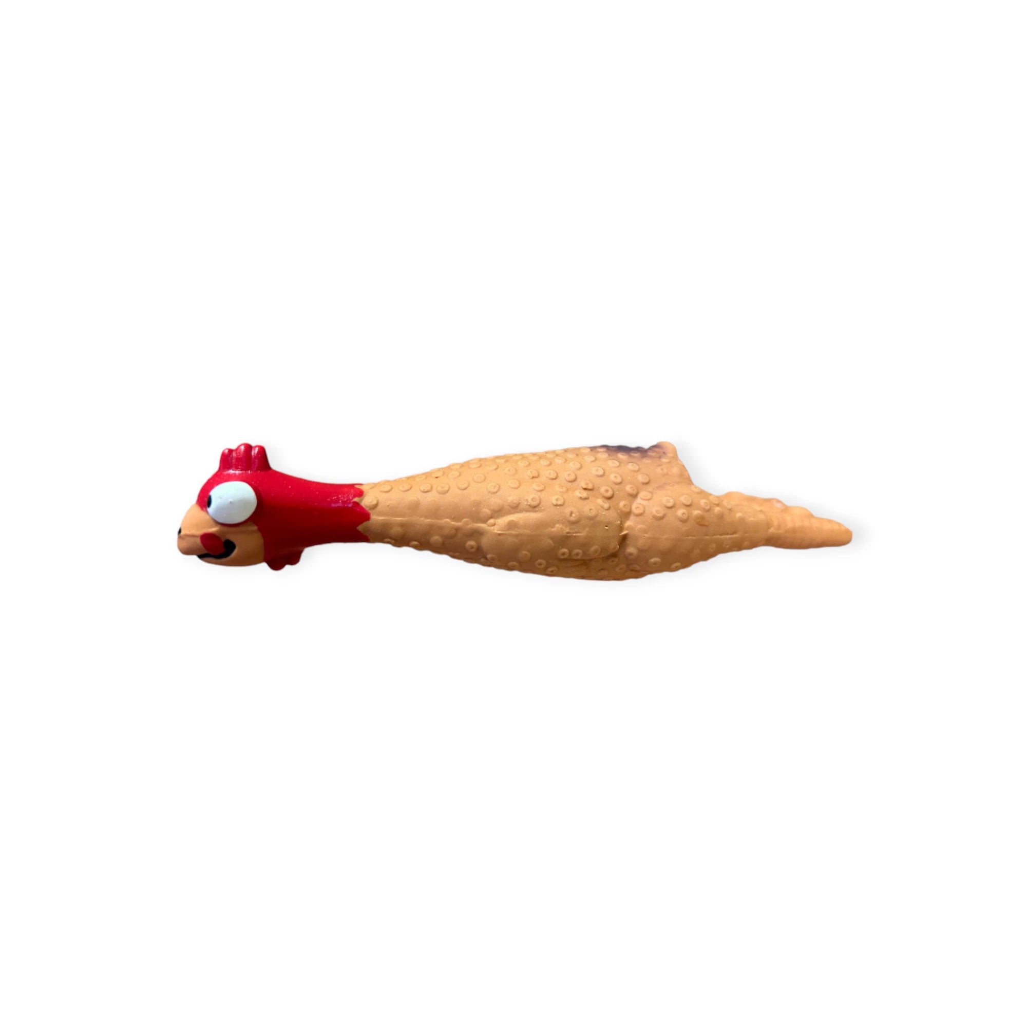 Small dog playing with a 14cm Funny Chicken squeaky toy, made from durable non-toxic latex.