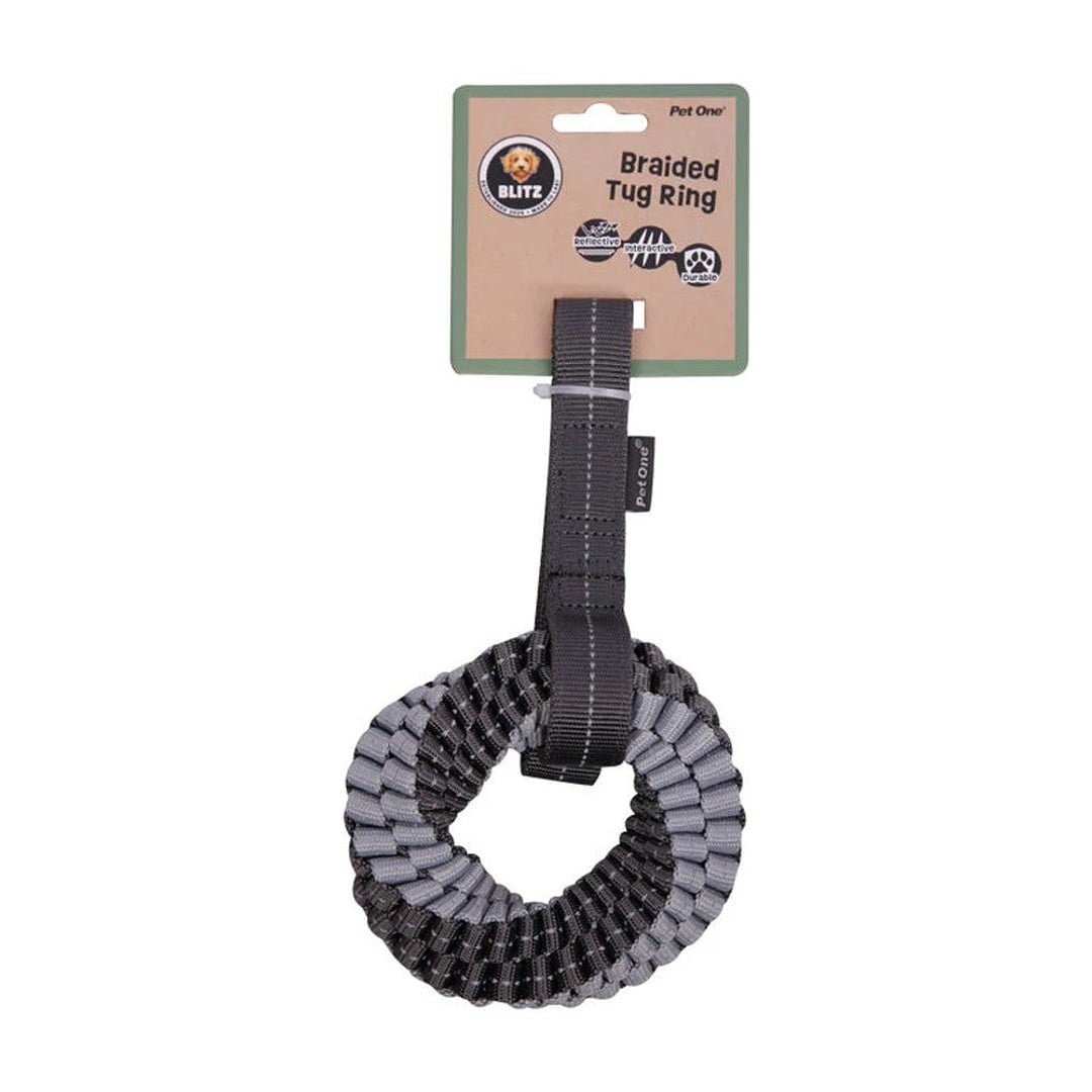 Pet One Dog Toy Blitz Braided Tug Ring W Strap Grey