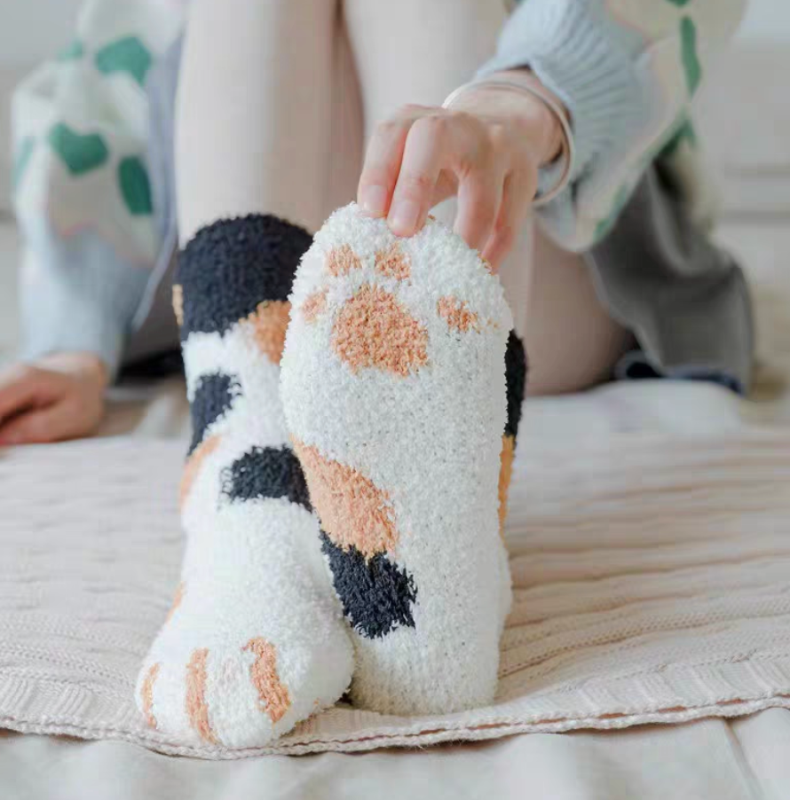 Plush Coral Fleece Cozy Socks | Thick Cute Cat Paw Long Home Socks