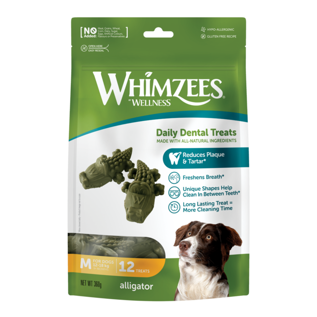 Whimzees Alligator Medium Dog Treats - Dental Chews, 12 Pack | PAWS CLUB