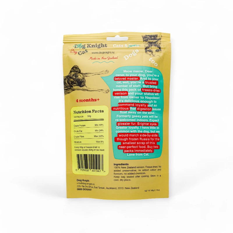 Dog Knight Freeze-Dried New Zealand Venison Treats 60g - Hypoallergenic, High Protein, Low Fat