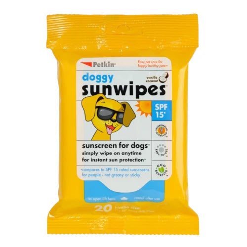 Petkin Doggy Sunwipes 20pk, providing SPF 15 sun protection for dogs' ears, nose, and coat.