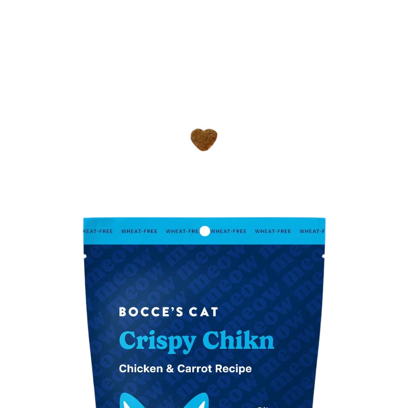 Back of Bocce's Crispy Chikn Cat Treats packaging with ingredient list and nutritional information.