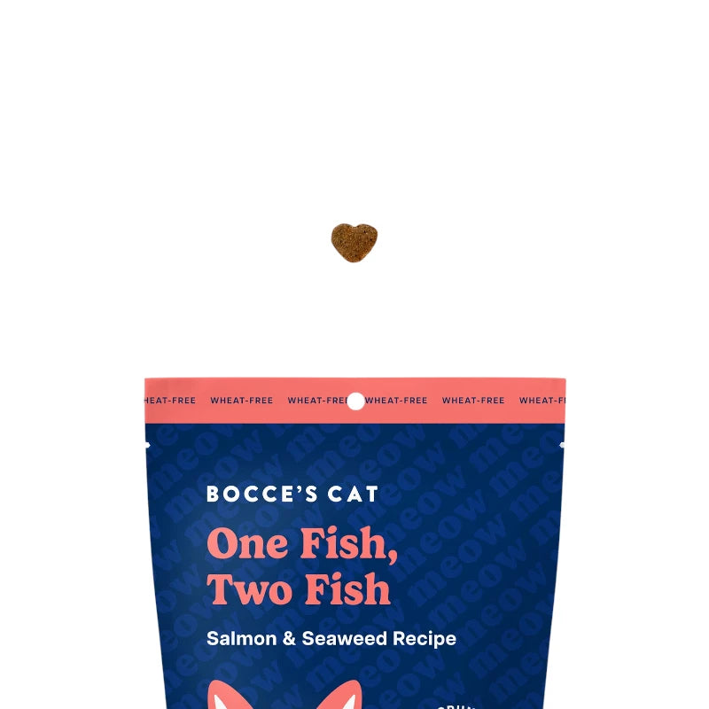 Back of Bocce's One Fish Two Fish Cat Treats packaging with ingredient list and nutritional details.