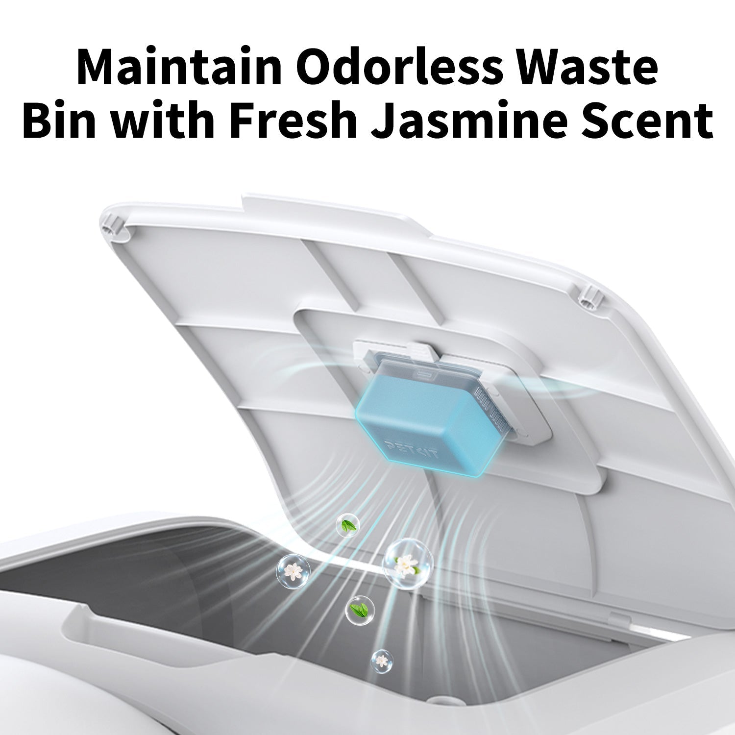 Maintaining odorless waste bin with PETKIT N60 in action, releasing jasmine-scented air.