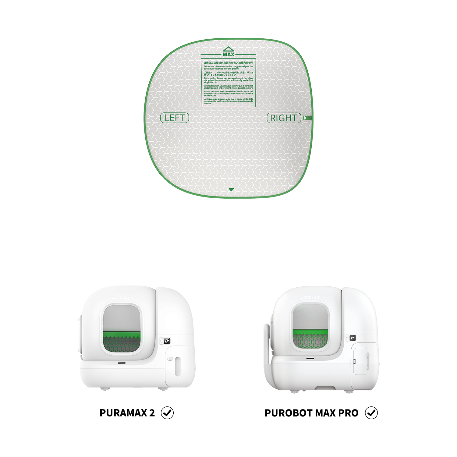 Compatible litter boxes: PURAMAX 2 and PUROBOT Max Pro shown side by side.