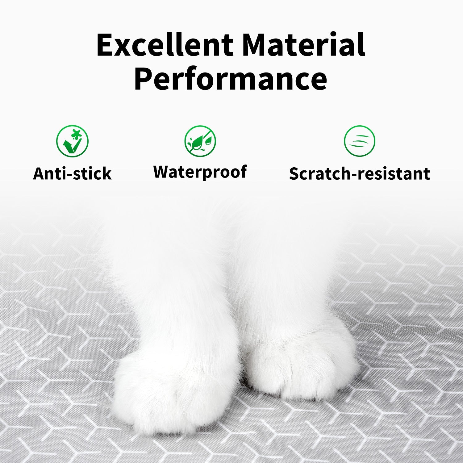 Waterproof and scratch-resistant material close-up with a cat’s paws on the pad.