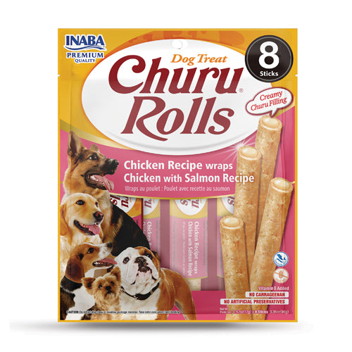 Dog enjoying Inaba Churu Rolls – Soft baked chicken wraps filled with creamy salmon for training or snacks.