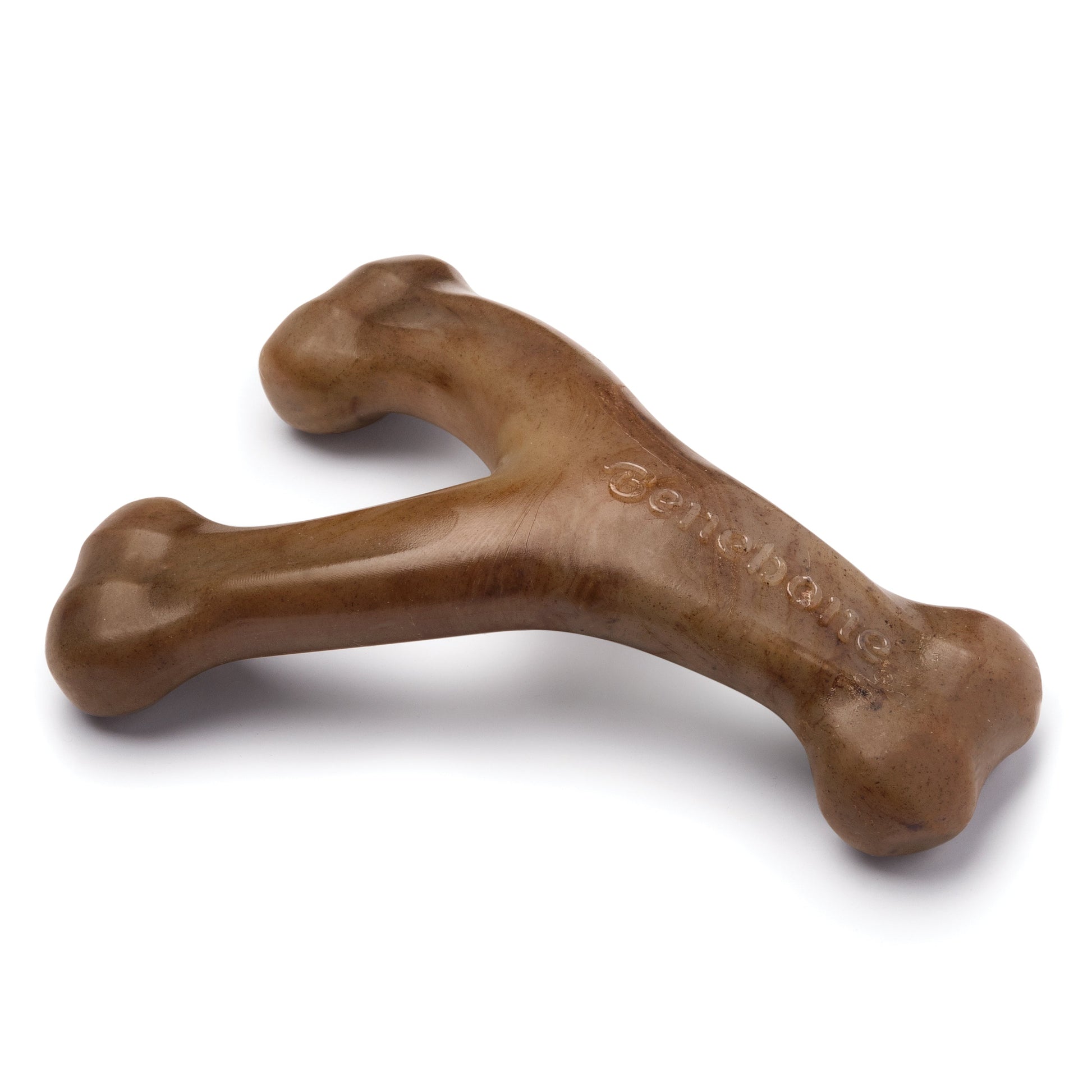 Close-up of Benebone Wishbone Bacon Chew Toy with Y-shaped ergonomic design.