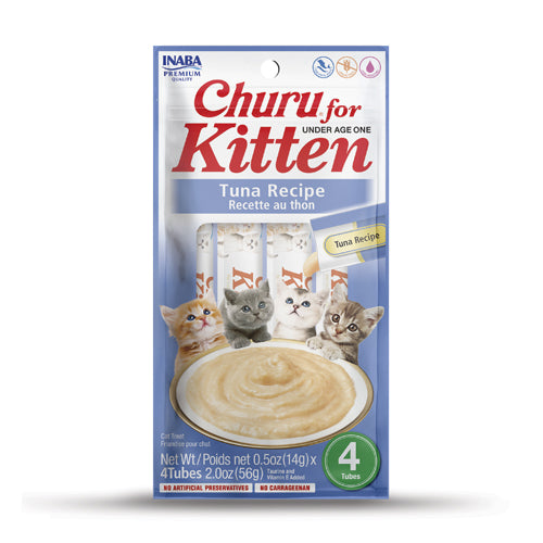 "Inaba Churu for Kitten Tuna Recipe 4-pack packaging front view."
