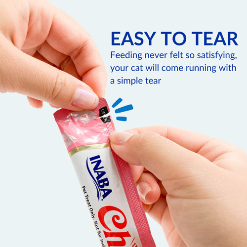 "Hand tearing open Inaba Churu tube, easy-to-tear packaging."
