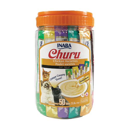 "Inaba Churu Chicken Variety Jar with 50 lickable tubes for cats."
