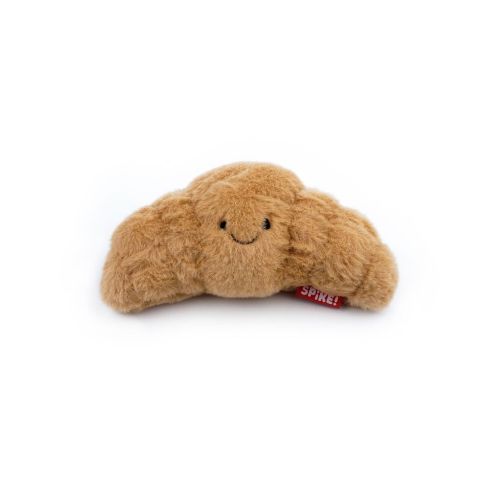 Spike Kawaii Croissant Dog Toy - brown croissant-shaped plush with squeaker and smiling face.