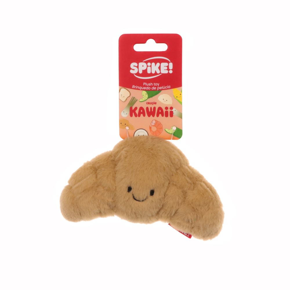 Spike Kawaii Croissant Dog Toy - brown croissant-shaped plush with squeaker and smiling face.