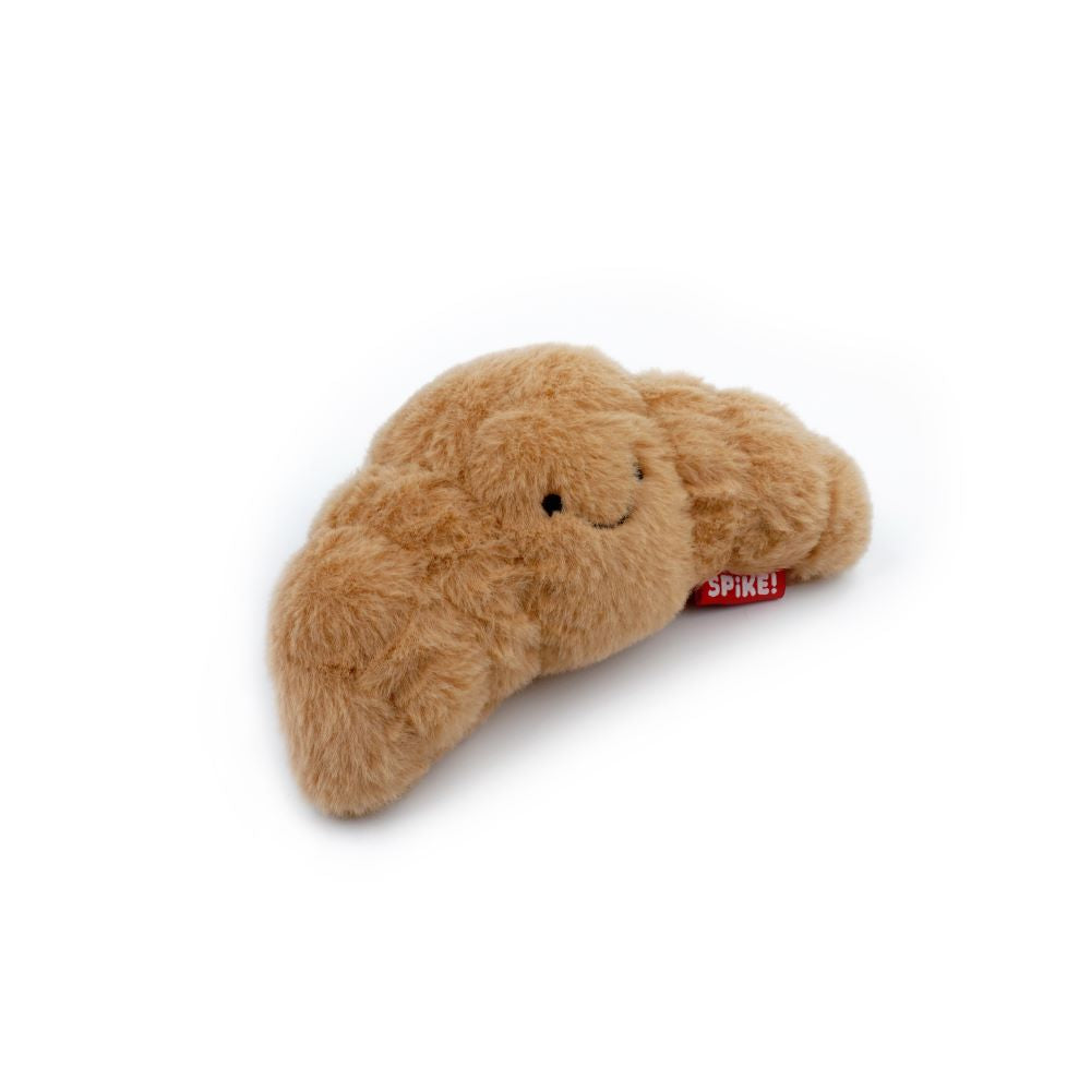 Spike Kawaii Croissant Dog Toy - brown croissant-shaped plush with squeaker and smiling face.