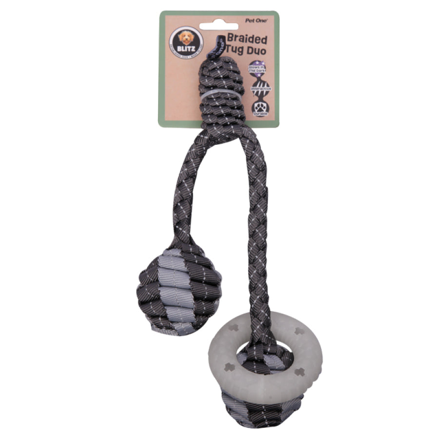 Dog Toy Blitz Braided Tug Duo W Glow In The Dark Ring Grey