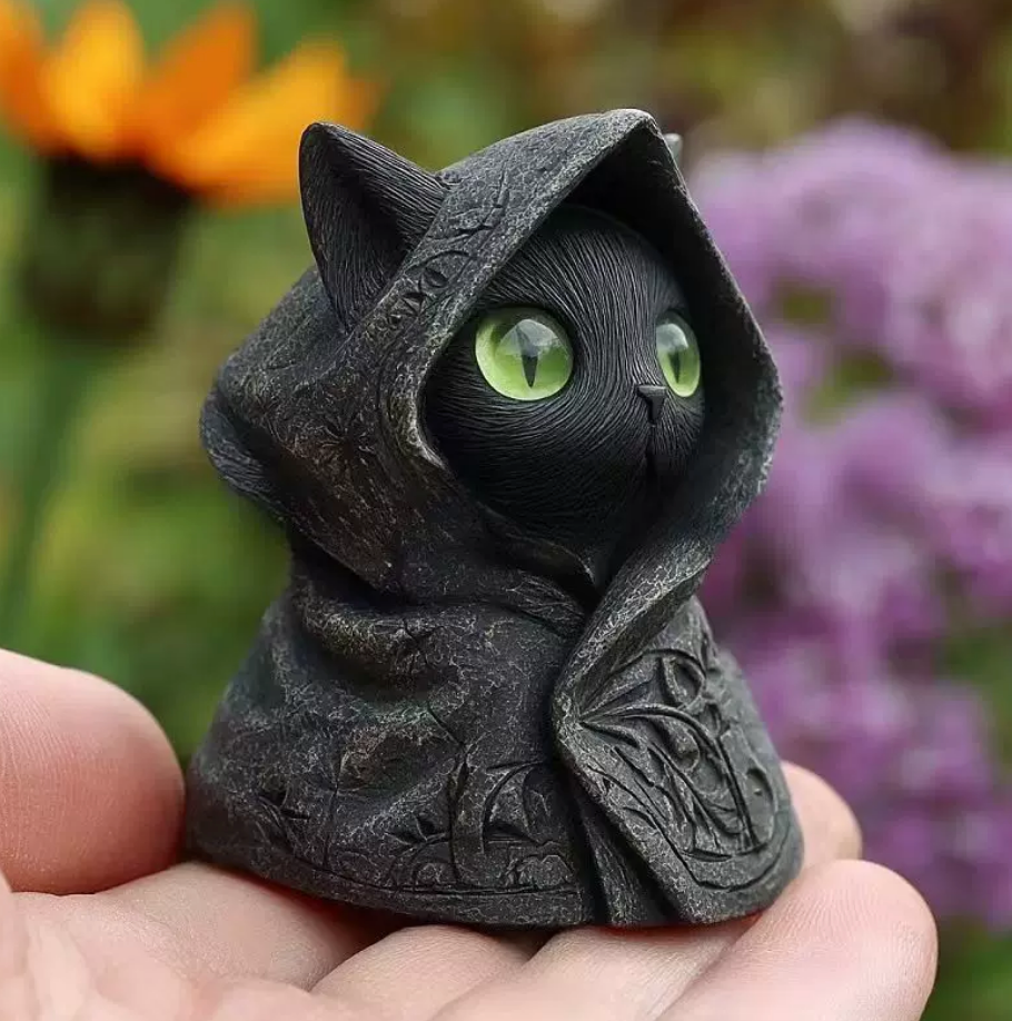 Mysterious Hooded Cat Figurine – Gothic Black Cat Statue