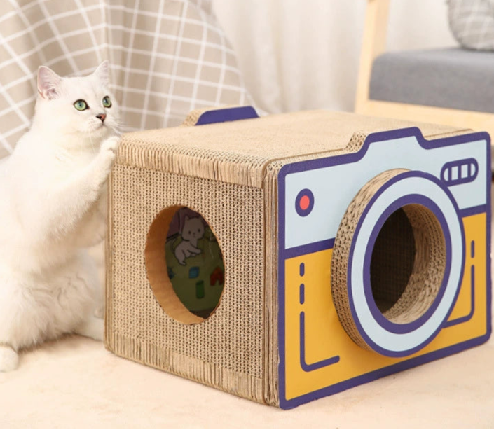 Vintage Camera Cat Scratcher & Standing Cardboard Cat House – Cat Toy & Pet Furniture