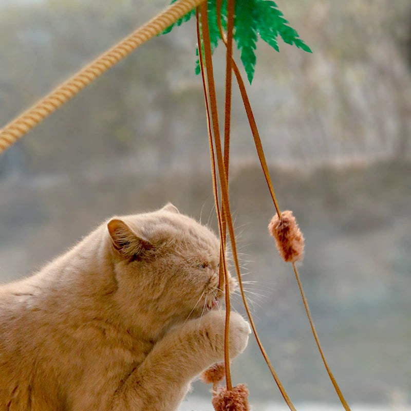 Coconut Tree Cat Teaser Wand – Long Tassel Pom-Pom with Bell, Fun Interactive Toy for Cats