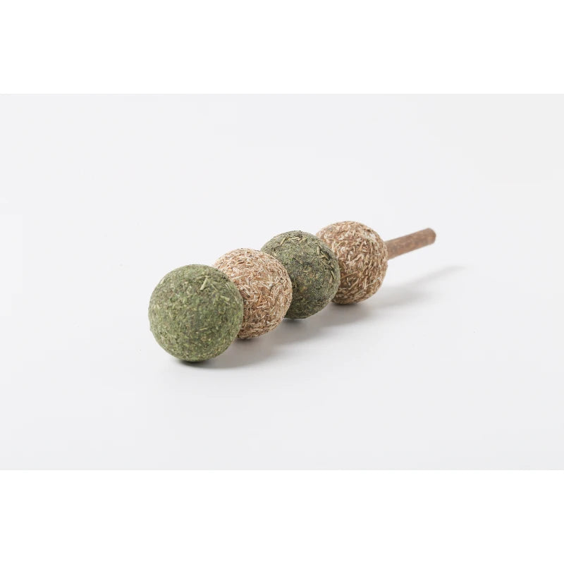 Durable Catnip Kebab toy with matatabi stick and chewable balls for cats.