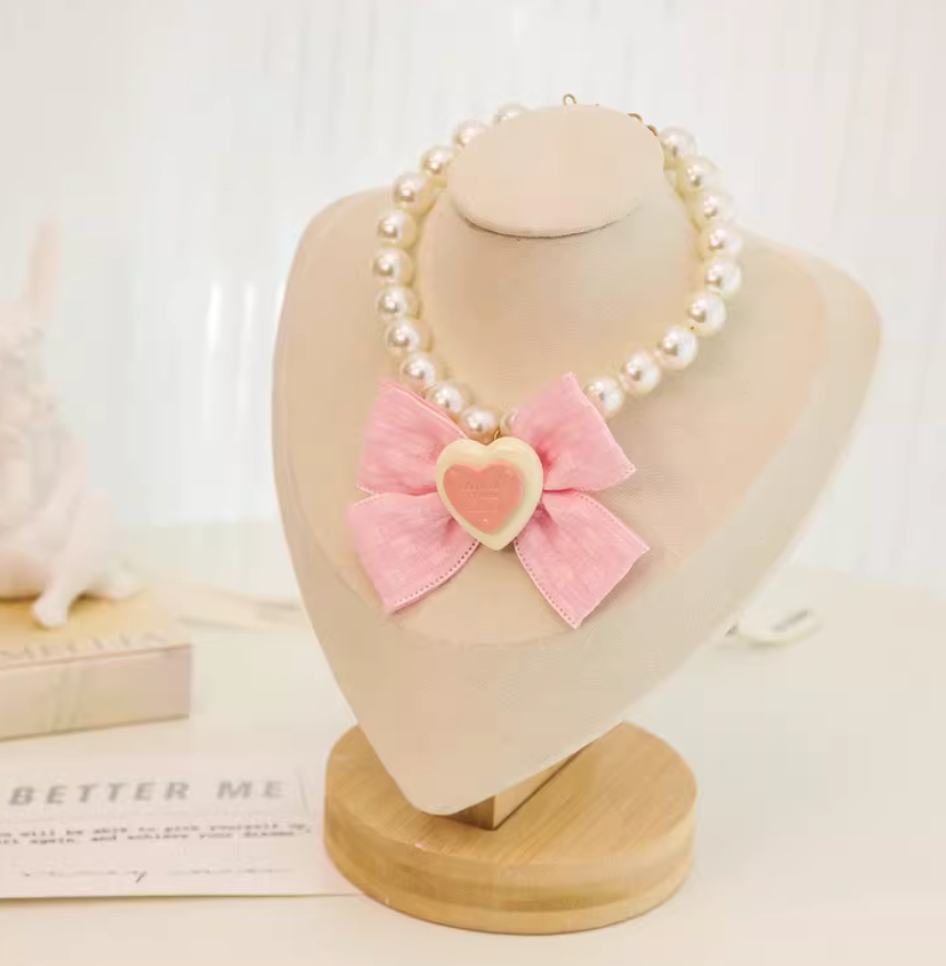 Pearl Pet Necklace Collar | Cute Heart & Bow Decoration for Cats & Small Dogs