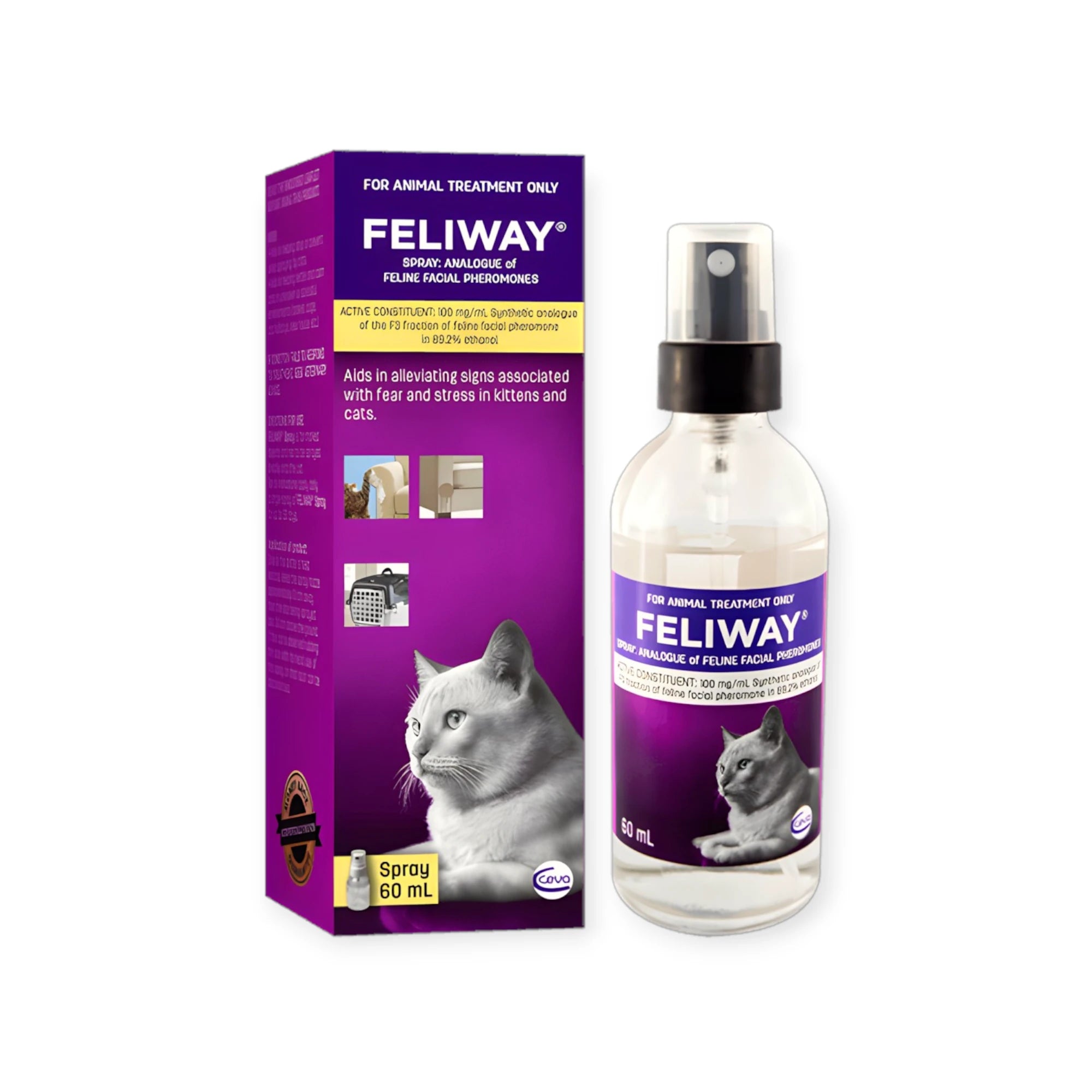 FELIWAY Spray being used to calm a stressed cat at home.