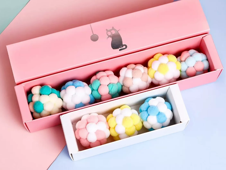 Rainbow Plush Yarn Ball Cat Toys Gift Box – Large Bell Balls for Interactive Play