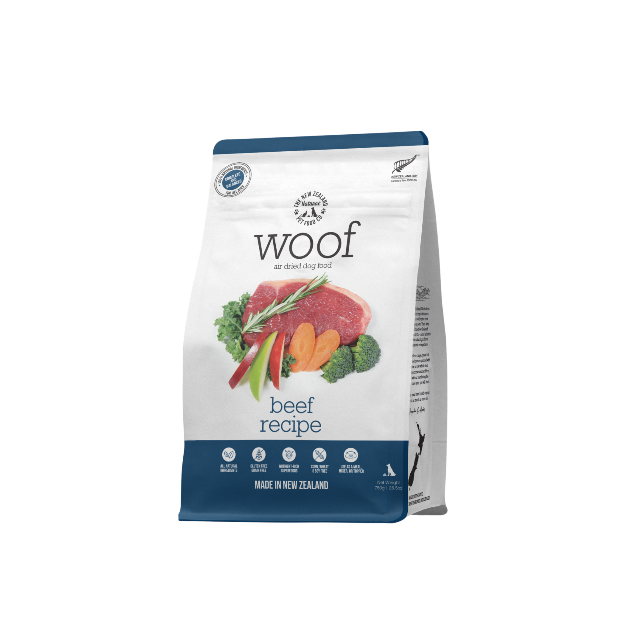 Woof Beef Air-Dried Dog Food packaging with New Zealand-made label.