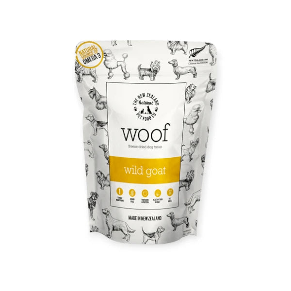 Front packaging of Woof Wild Goat Treats in a 50g resealable bag.
