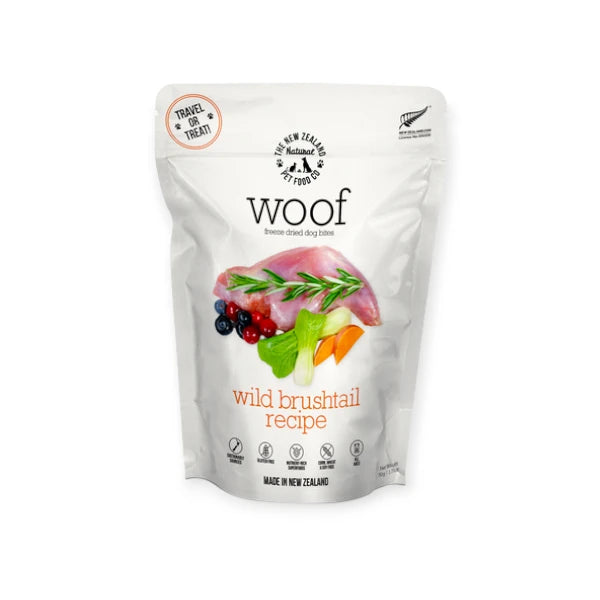 Front packaging of Woof Wild Brushtail Dog Treats in a 50g resealable bag.
