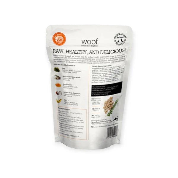 Back packaging of Woof Wild Brushtail Dog Treats, showcasing benefits and detailed ingredients.
