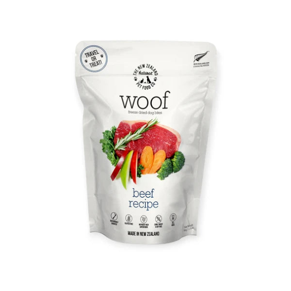 Front packaging of Woof Beef Dog Treats in a 50g resealable bag.
