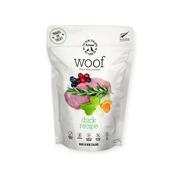 Front packaging of Woof Duck Dog Treats in a 50g resealable bag.
