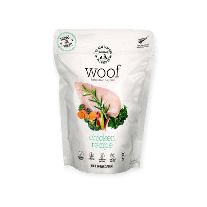 Front packaging of Woof Chicken Dog Treats in a 50g resealable bag.
