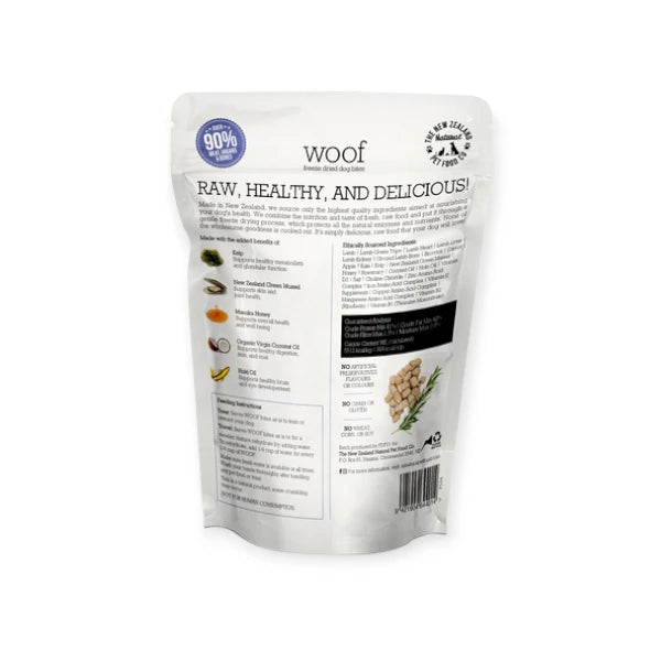 Back packaging of Woof Lamb Dog Treats, highlighting ingredients and benefits.
