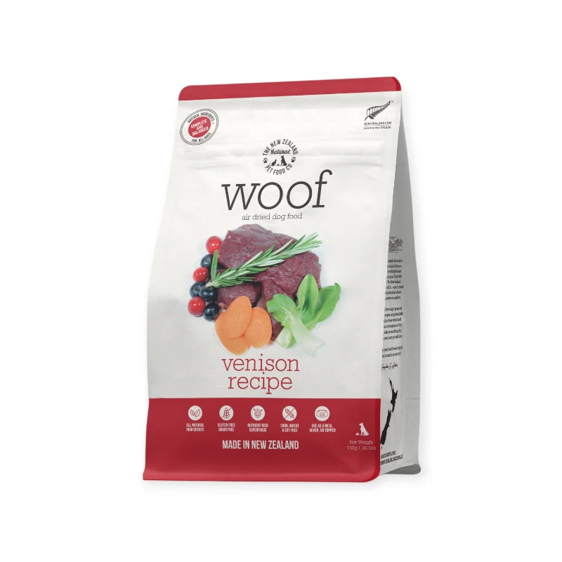 "Woof Venison Air-Dried Dog Food with vegetables and fruits on display."